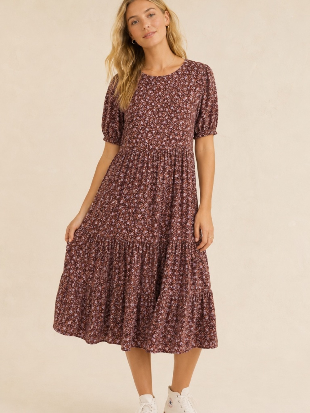Aerie Floral Tiered Midi Dress Brown/Blue Puff Sleeve Boho Cottagecore Size M